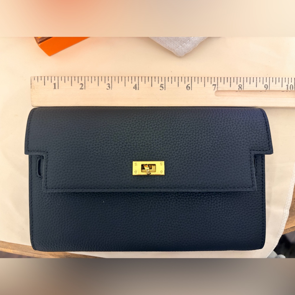 Black Leather Crossbody Clutch, Gold Hardware similar Kelly Wallet, not Hermes - Picture 11 of 11